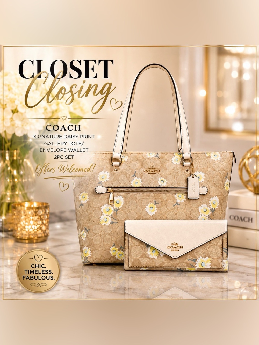 Coach SIGNATURE DAISY PRINT GALLERY Tote/Envelope Wallet 2pc Set
